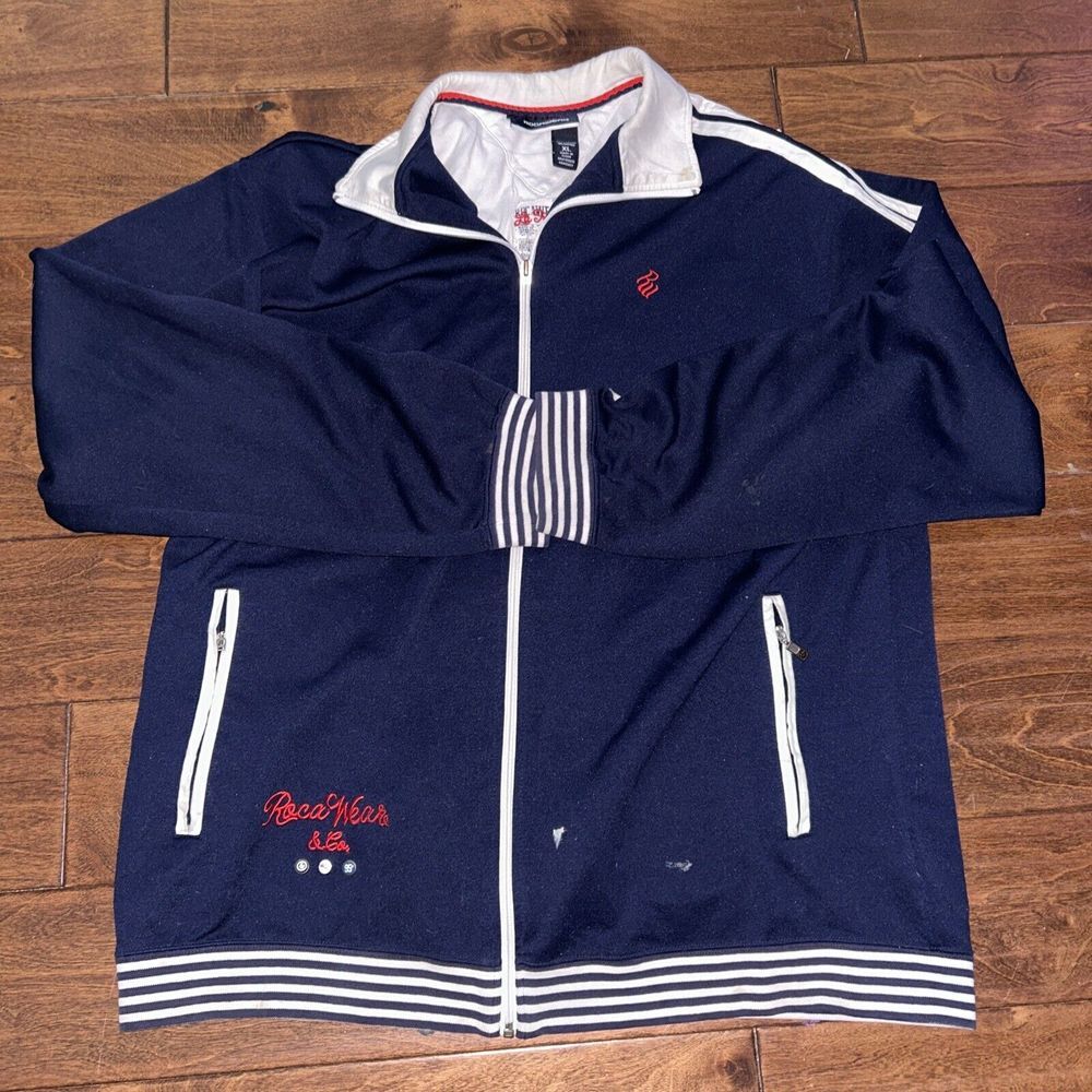 RocaWear La Familia Y2K Jay-Z Track Jacket Navy‎ XL w/pins & embroidered Logo